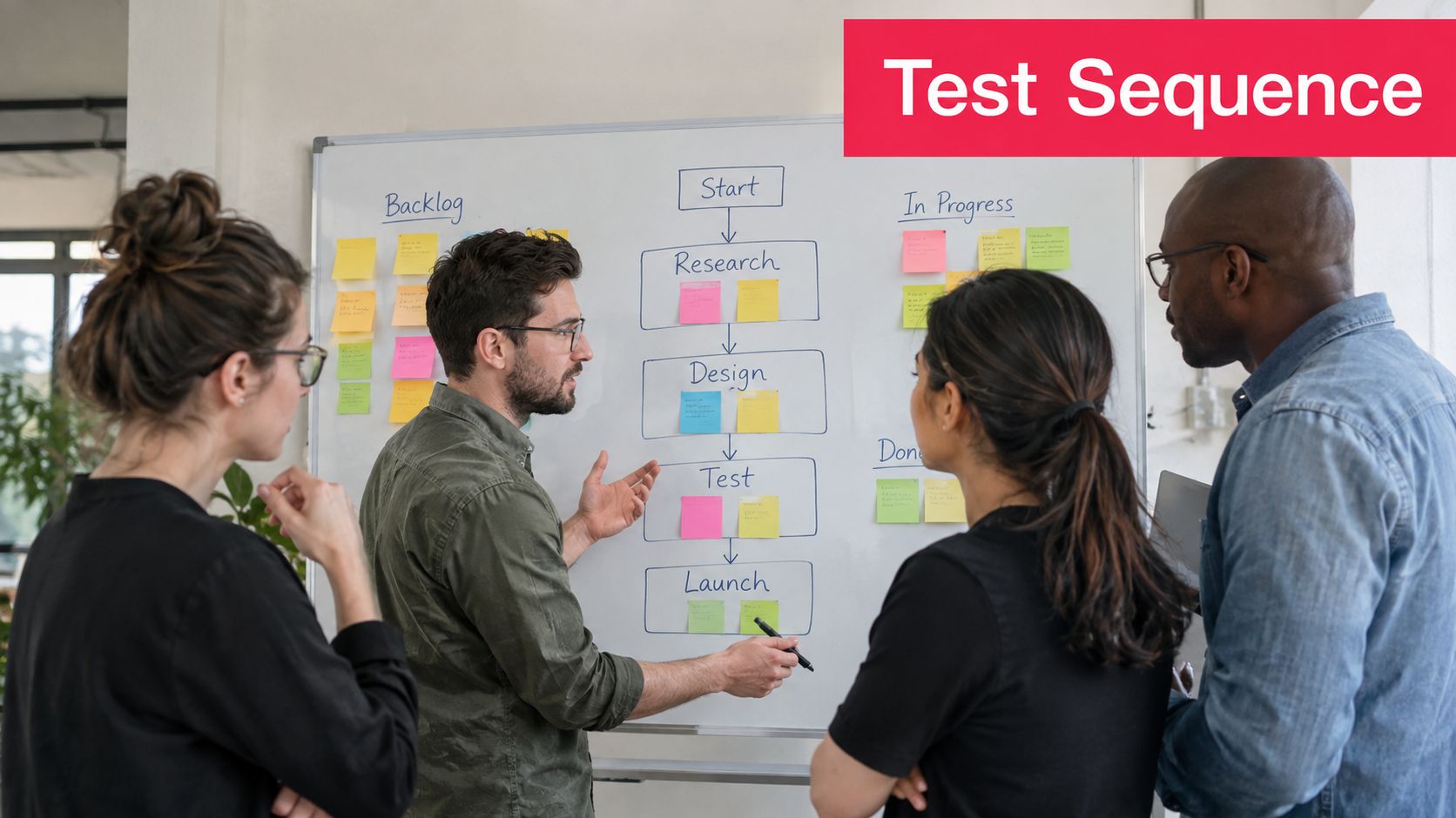 A professional team collaborating on a software development workflow on a whiteboard in a modern office.
