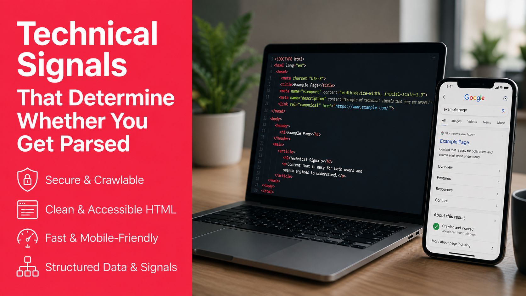A laptop and smartphone displaying website code and search results to explain technical SEO ranking signals.