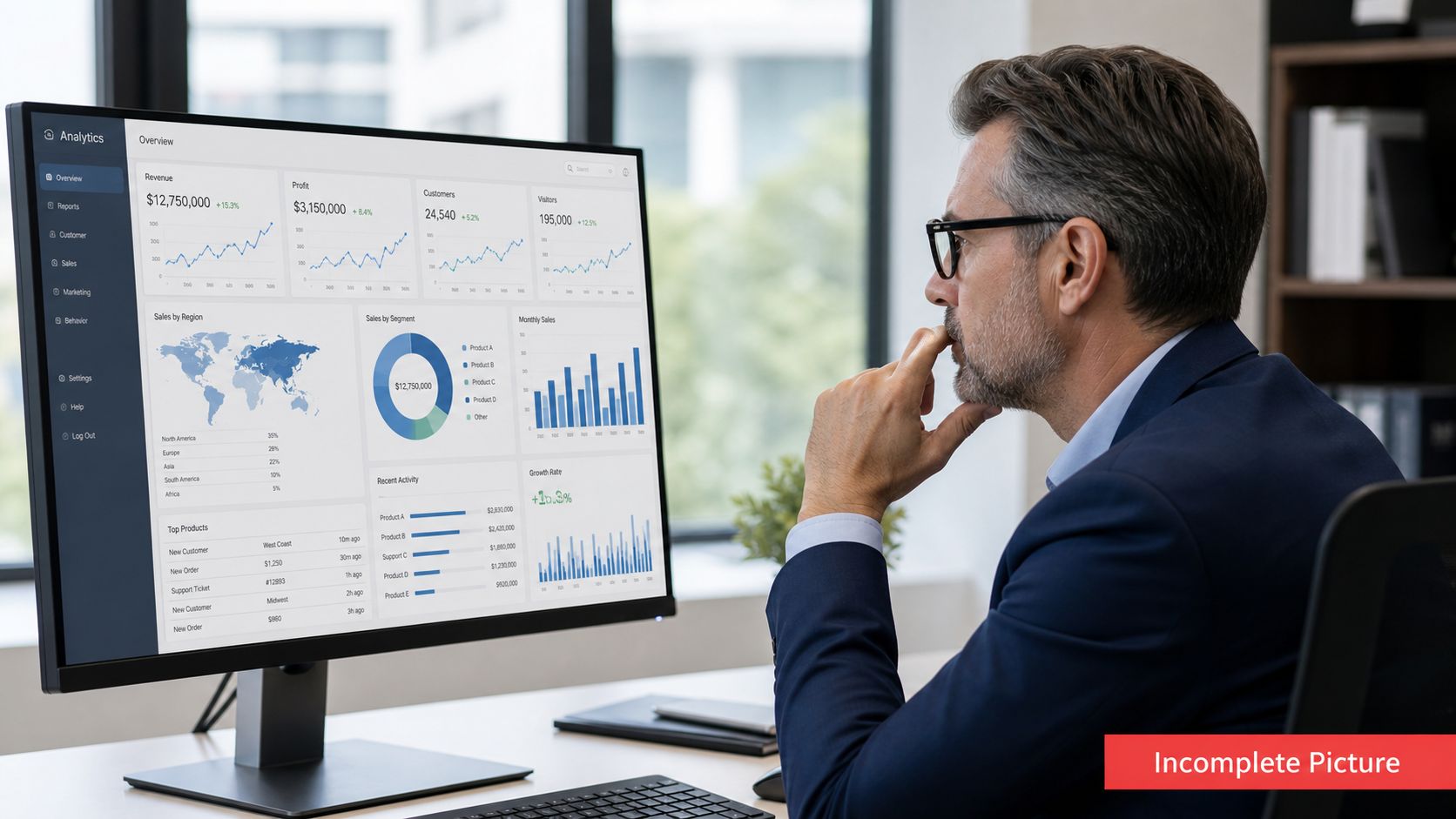 A professional businessman in a suit studying complex data analytics dashboards on a large computer monitor.