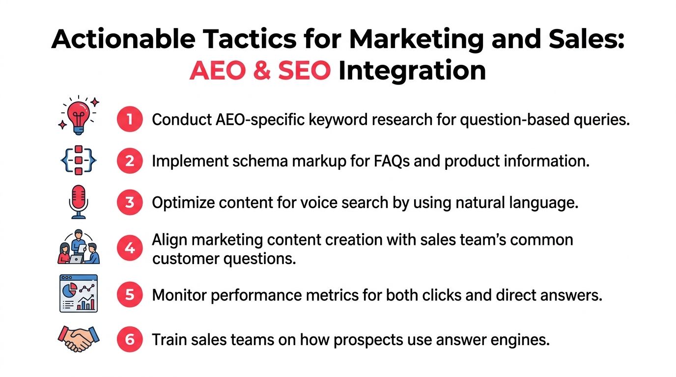 A list of six actionable strategies for integrating Answer Engine Optimization and Search Engine Optimization marketing tactics.