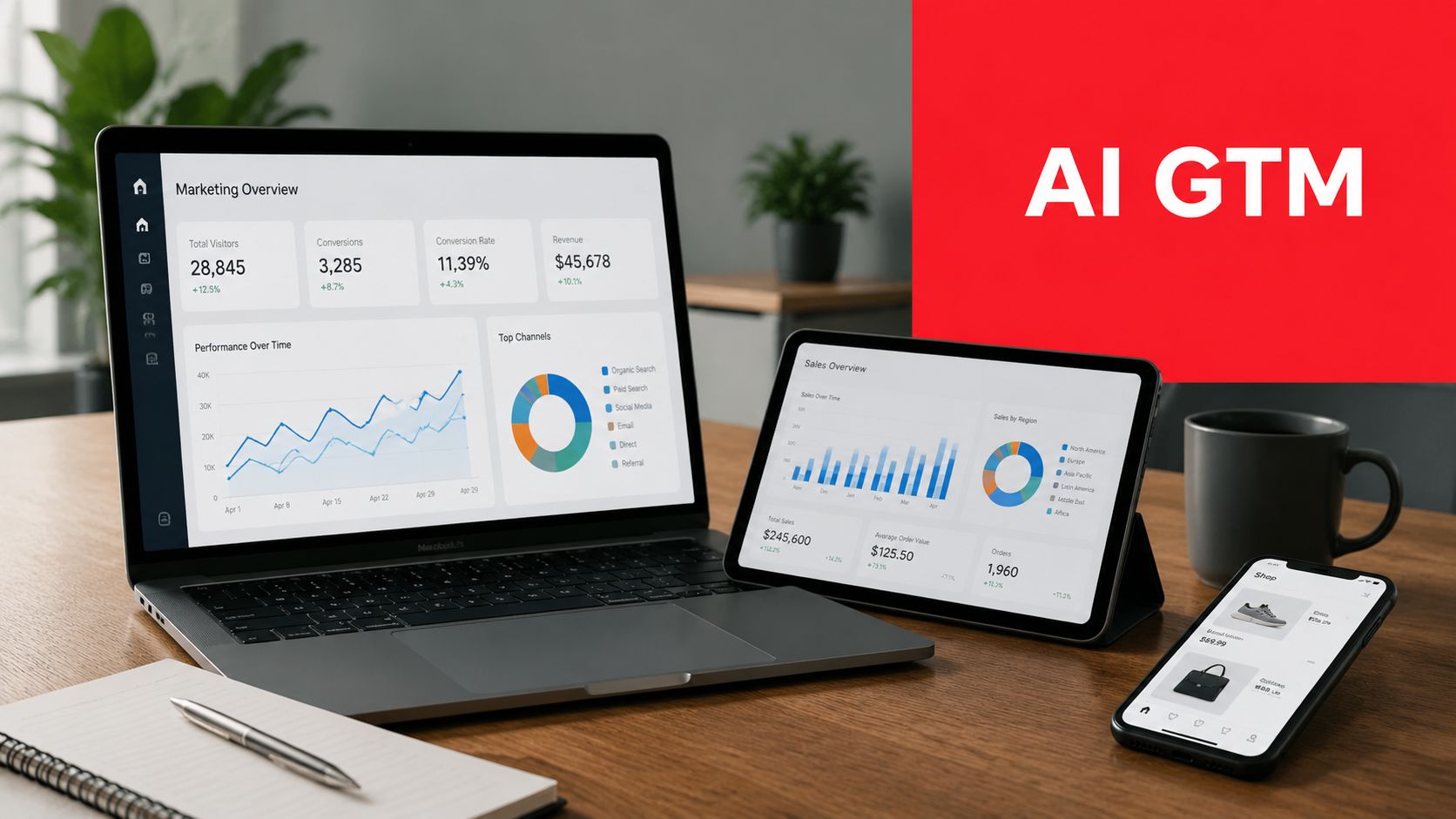 A laptop, tablet, and smartphone displaying marketing and sales data dashboards on a wooden office desk.