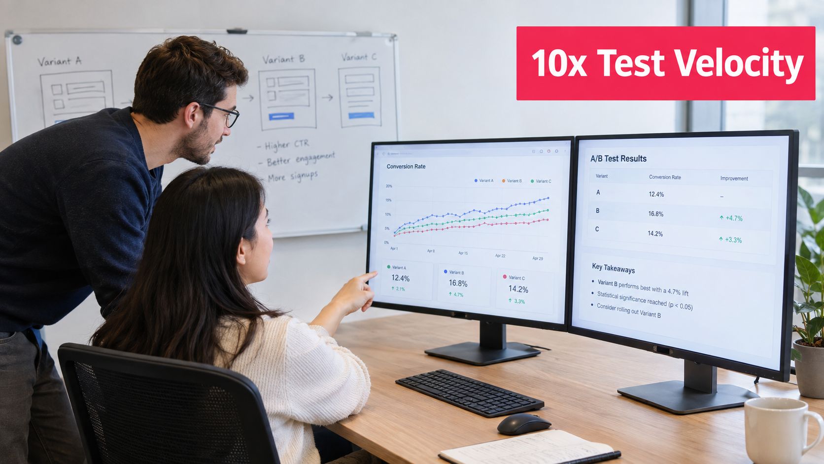 A professional man and woman collaborating on A/B testing data analysis using dual computer monitors.