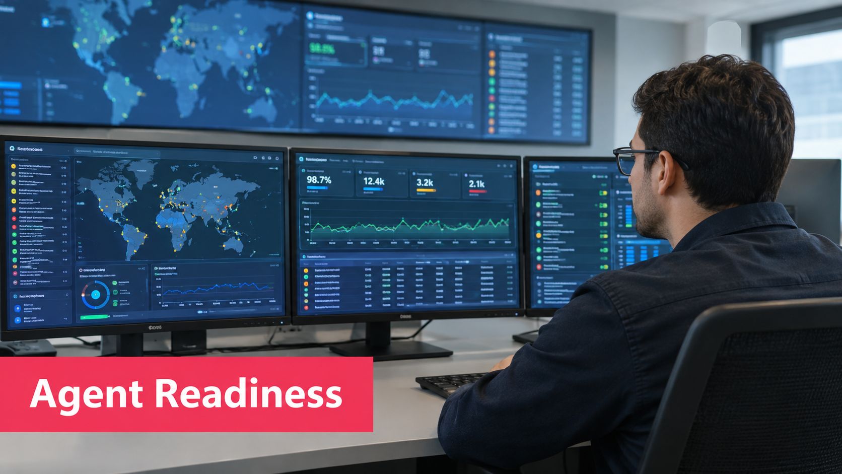 A professional IT worker monitoring multiple global data dashboards and network security metrics in a modern office.