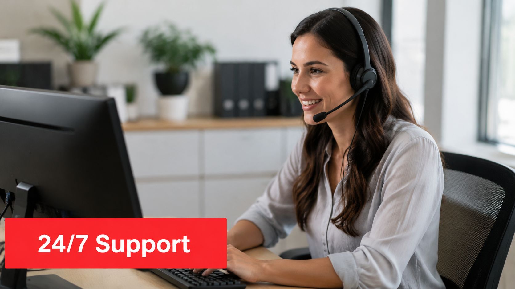 A friendly female customer service representative wearing a headset and working on a computer in an office.