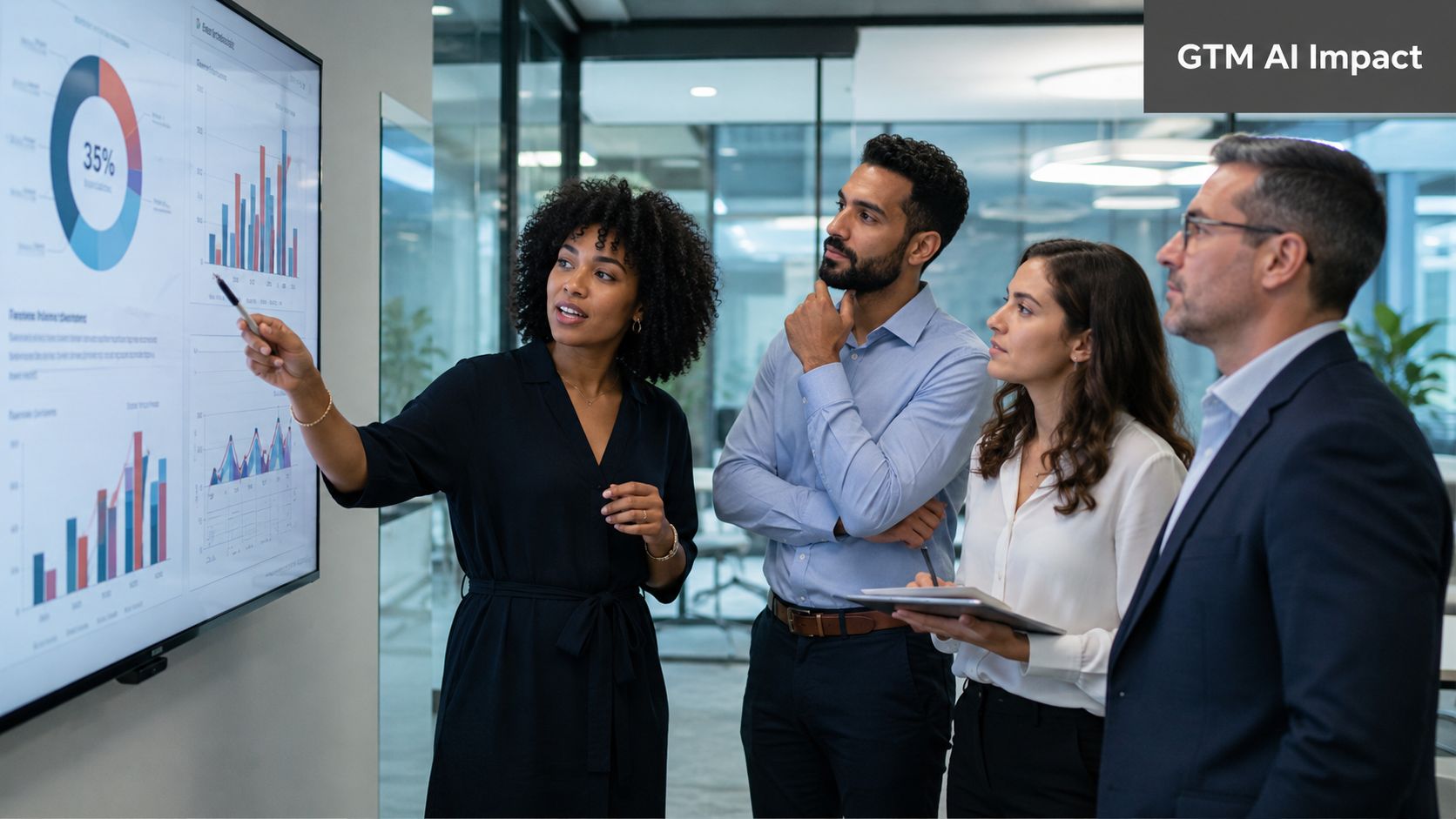 A professional team discussing AI impact strategies during a business meeting in a modern office boardroom.