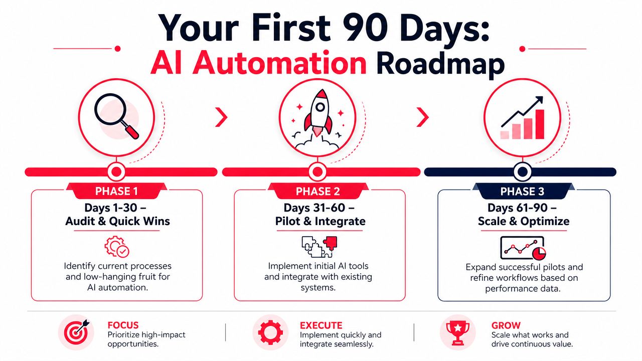 A 90-day AI automation roadmap infographic detailing phases for auditing, piloting, and scaling business workflows.