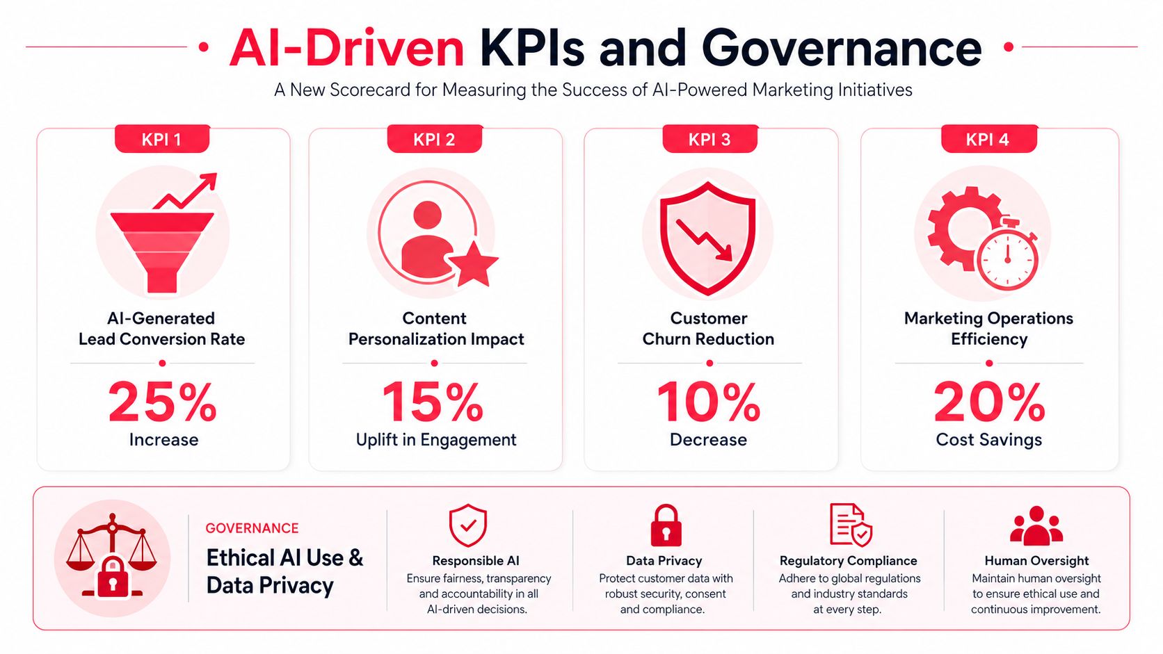 An infographic detailing AI-driven marketing KPIs and governance practices for measuring success in AI-powered initiatives.