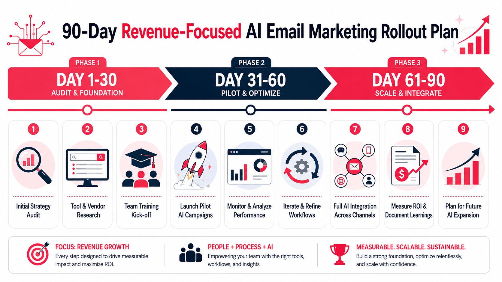 A 90-day roadmap for implementing AI in email marketing, divided into three strategic phases for business growth.