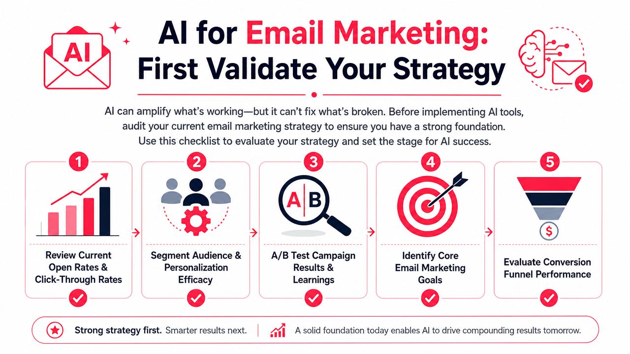 A checklist infographic illustrating five key steps to validate your email marketing strategy before using AI tools.