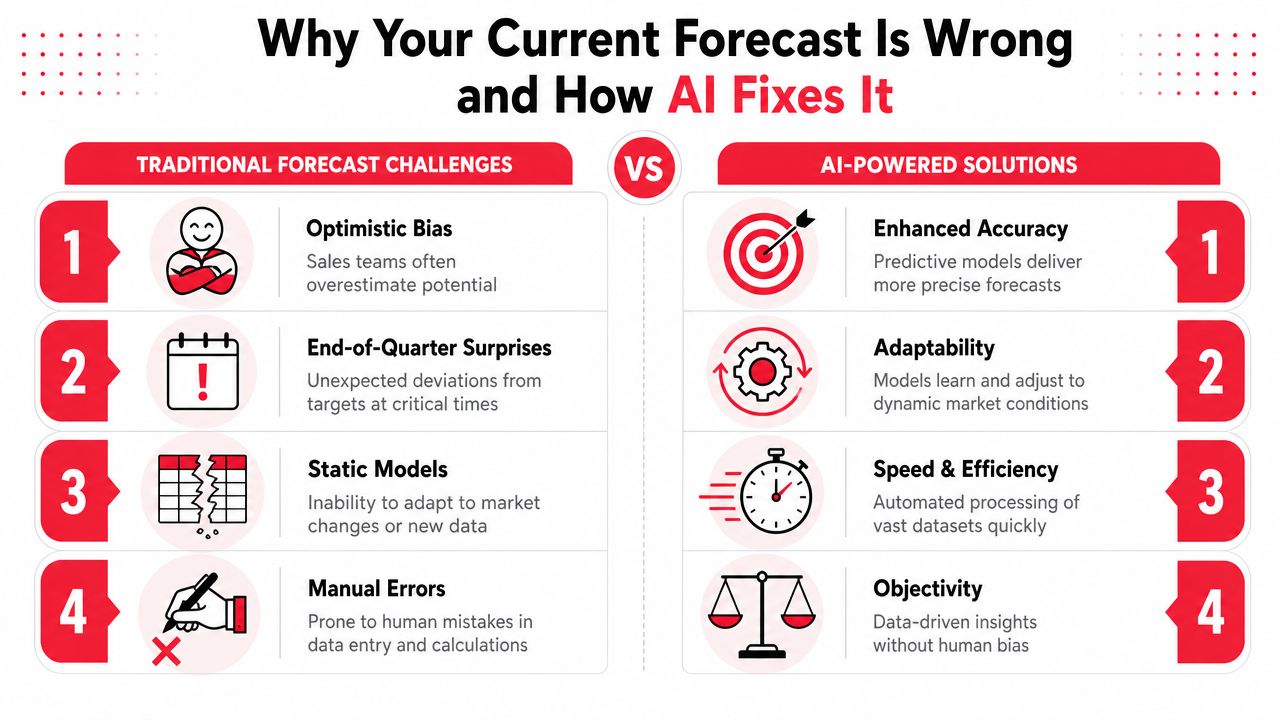 A comparison chart showing traditional sales forecasting challenges versus AI-powered solutions to improve accuracy and efficiency.