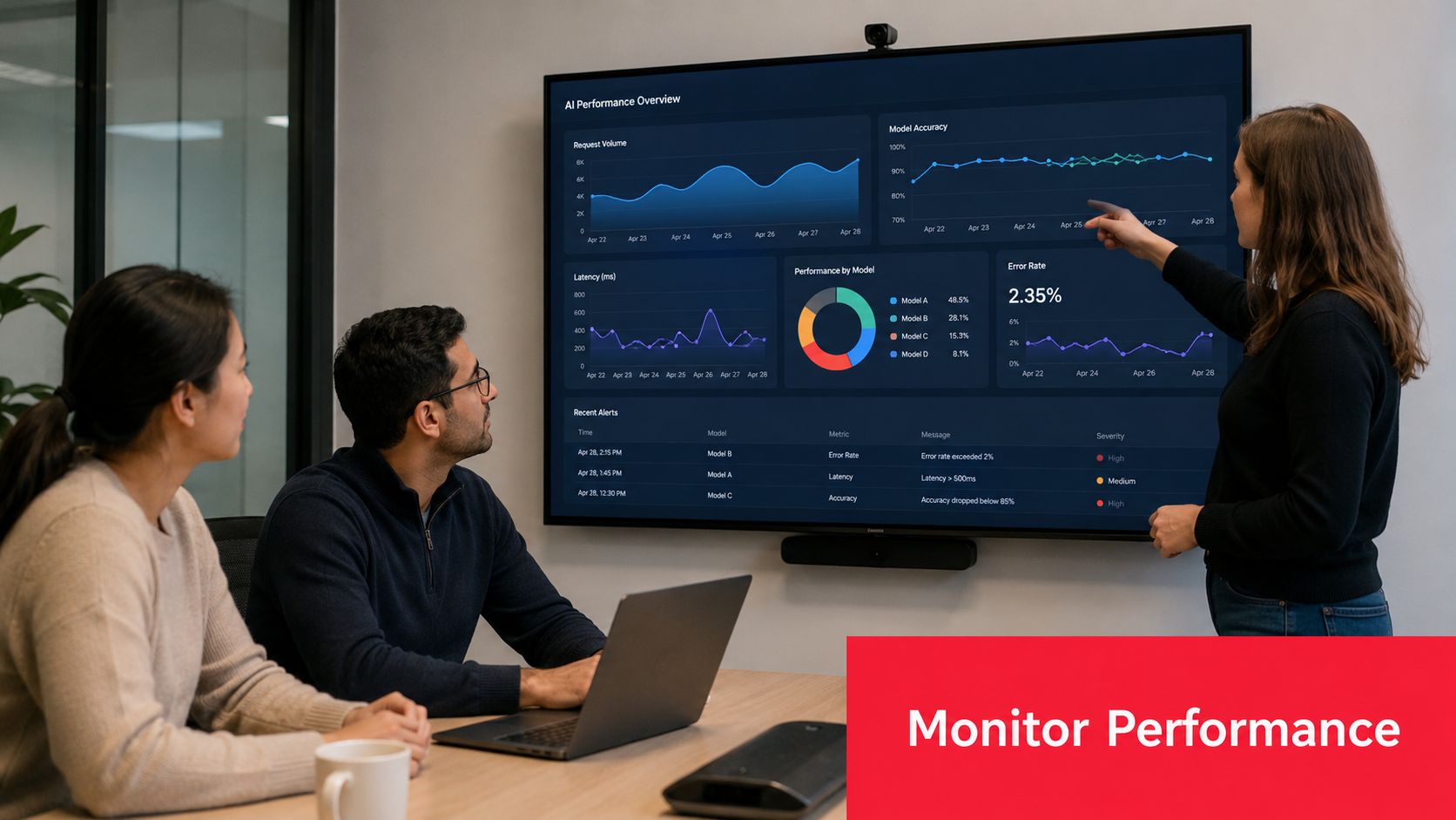 A diverse team collaborating in a meeting room, analyzing an AI performance dashboard on a large monitor.
