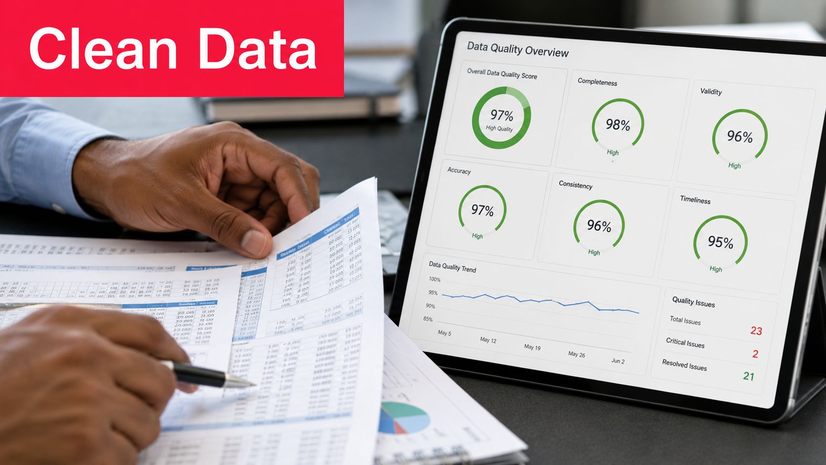 A professional analyzing data documents while viewing a data quality dashboard on a tablet device.