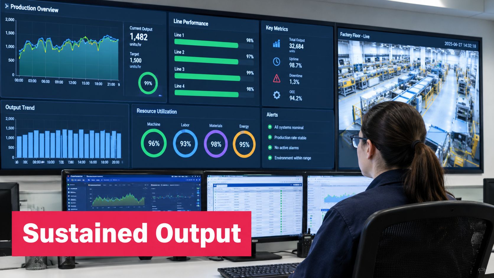 A professional operator monitoring live factory floor production dashboards and data analytics in a modern control room.