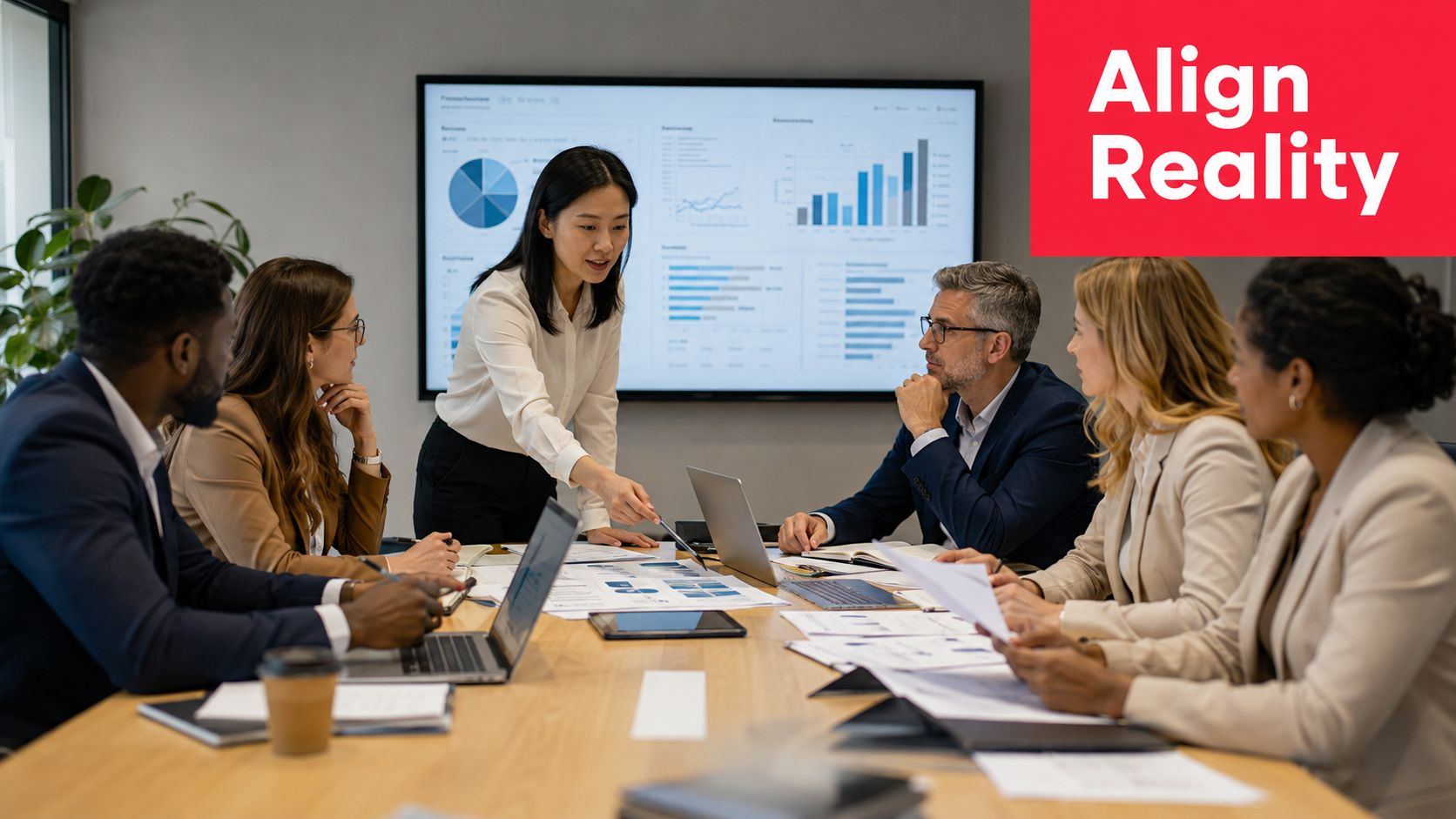 A diverse group of business professionals in a meeting discussing data on a screen and documents.