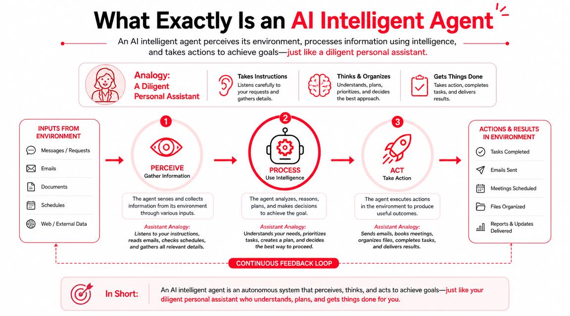 An infographic diagram explaining how AI intelligent agents perceive, process, and act like a personal assistant.
