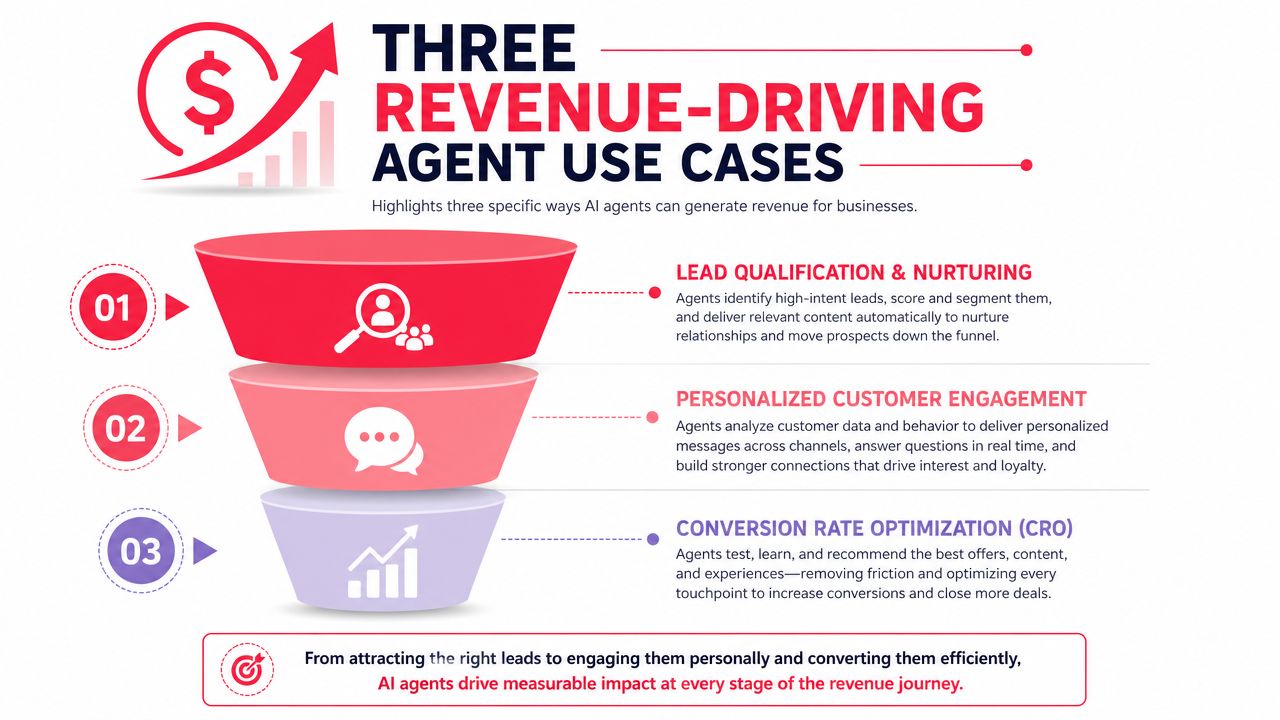 A diagram illustrating three revenue-driving use cases for AI agents: lead qualification, personalized engagement, and conversion optimization.