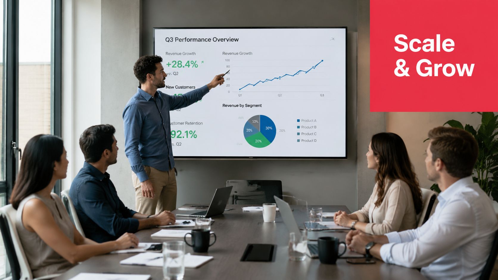 A professional man presents Q3 business performance data on a large screen to his attentive office team.
