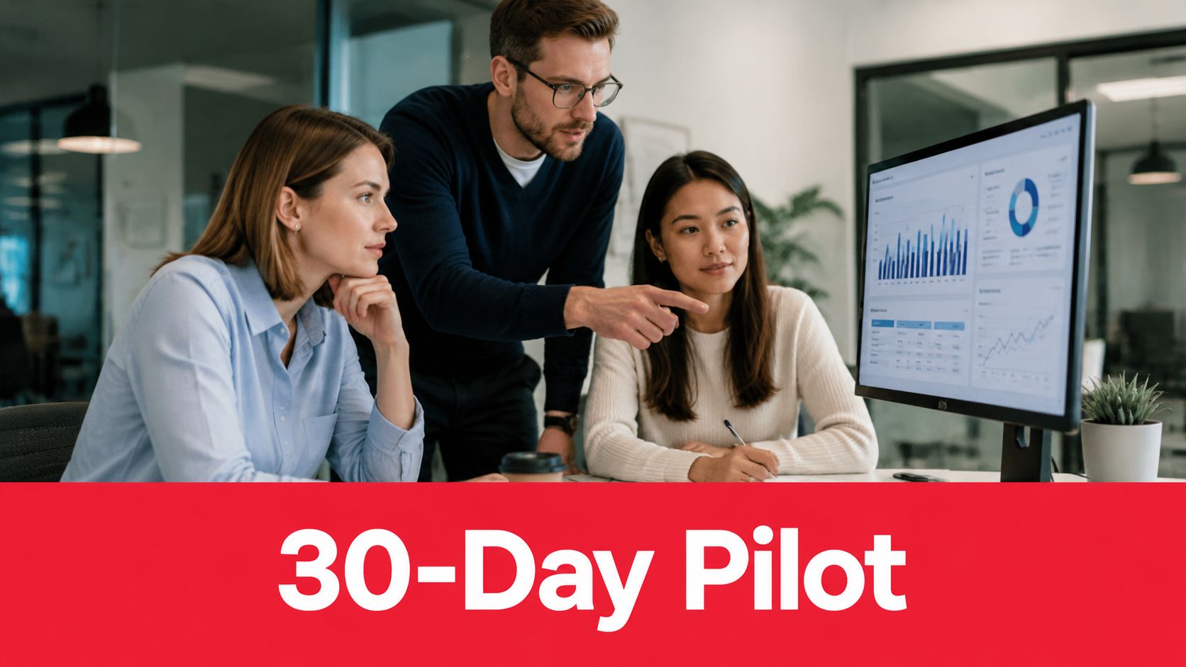 A diverse team of professionals analyzing data charts on a computer screen for a 30-day pilot program.