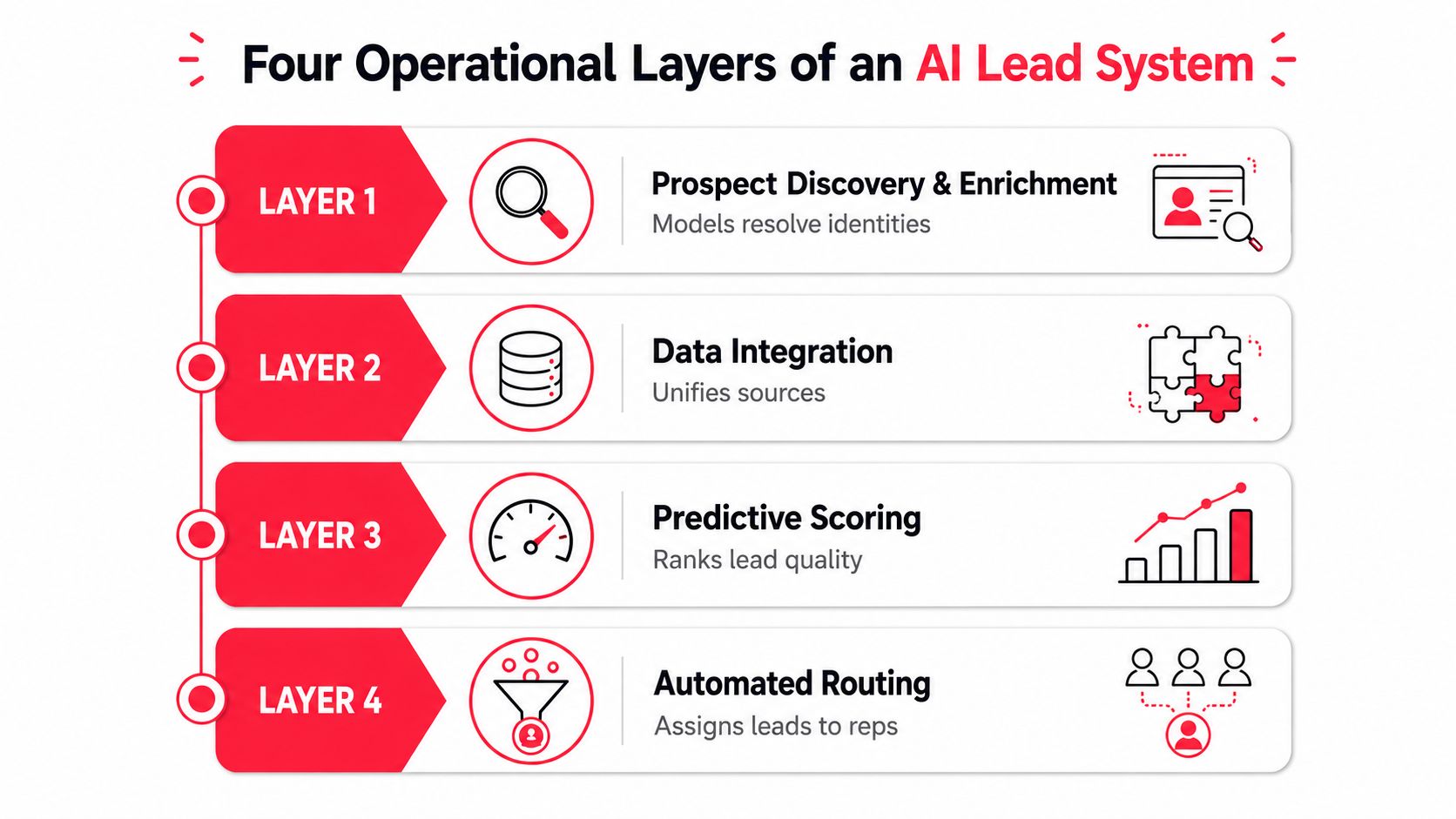 A diagram illustrating the four operational layers of an AI-powered lead generation system, including discovery, integration, scoring, and routing.