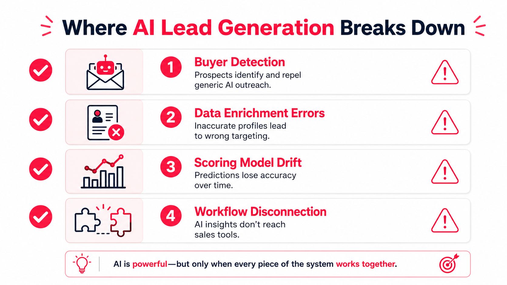 A diagram illustrating four common points where AI lead generation systems fail in business workflows.
