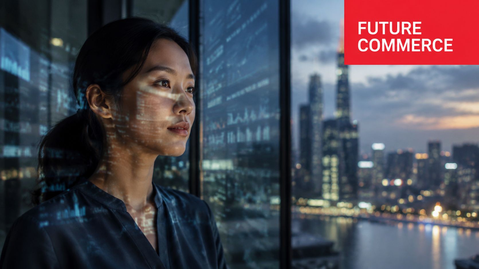 A professional woman looking through a window at a city skyline with digital data overlays reflecting.