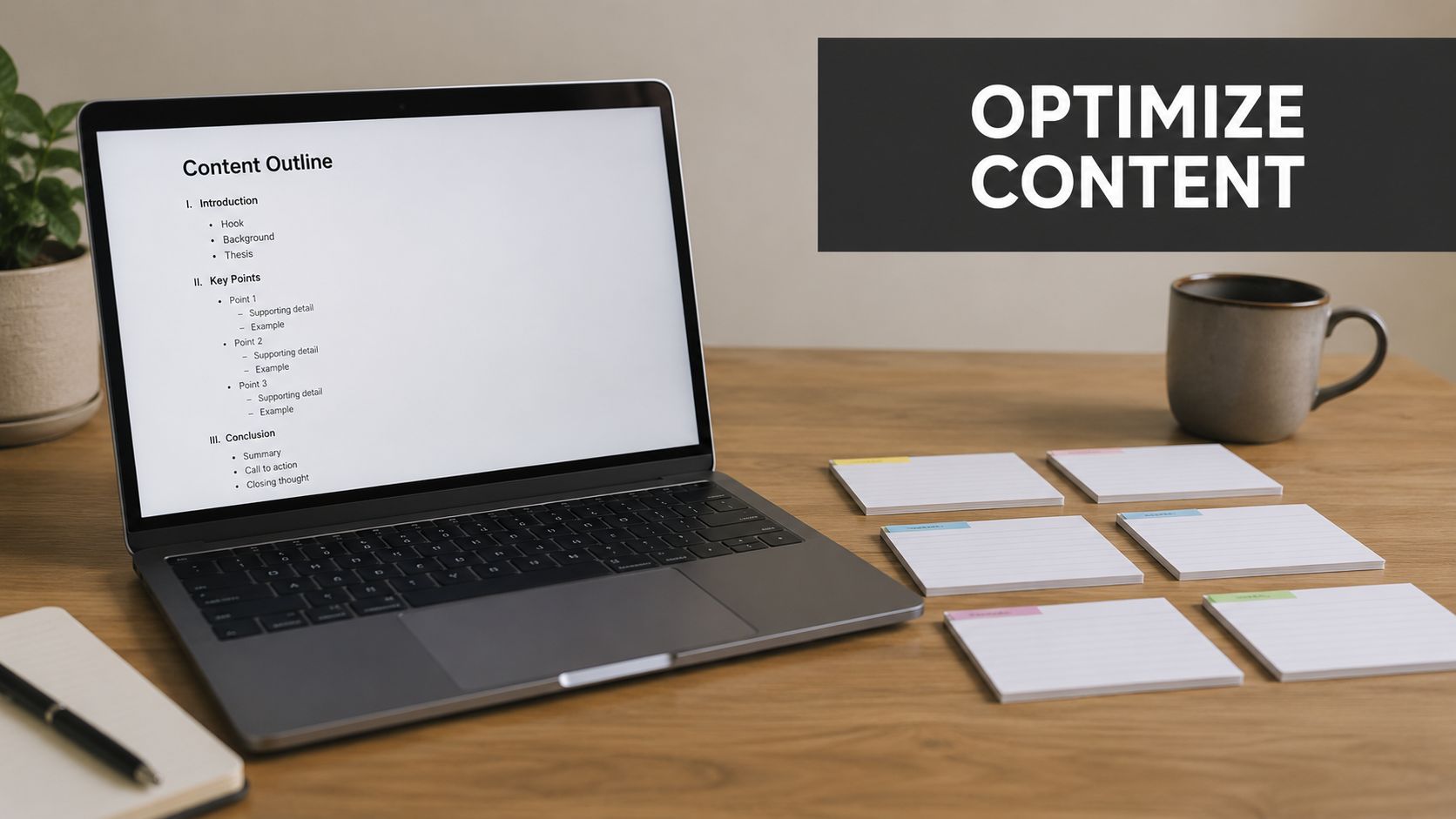 A laptop on a desk displaying a content outline with sticky notes, symbolizing AI search optimization strategy.