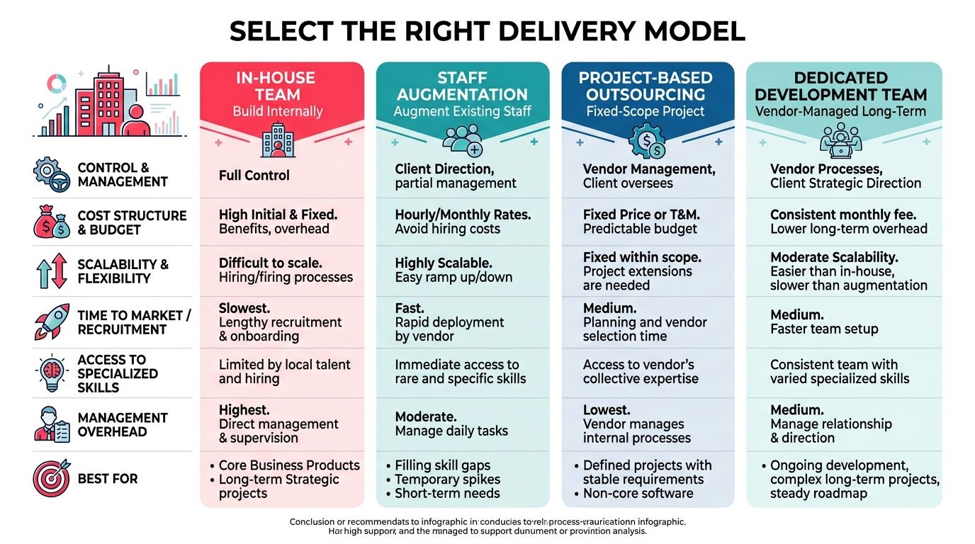 A comparison chart highlighting four software development delivery models: In-house, Staff Augmentation, Project-Based, and Dedicated Team.