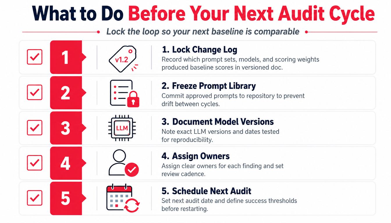 A five-step checklist illustrating best practices for conducting and preparing for an AI visibility audit cycle.