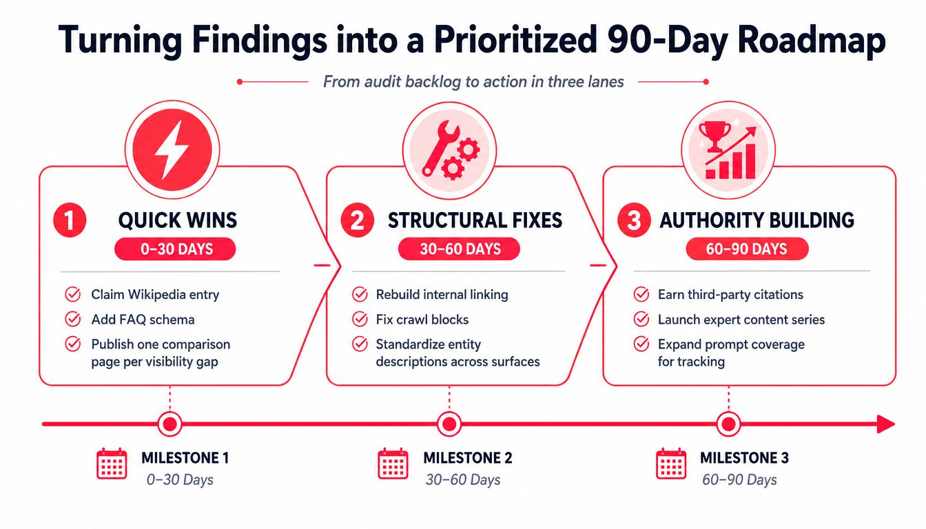 A 90-day SEO roadmap infographic detailing quick wins, structural fixes, and authority building strategies.