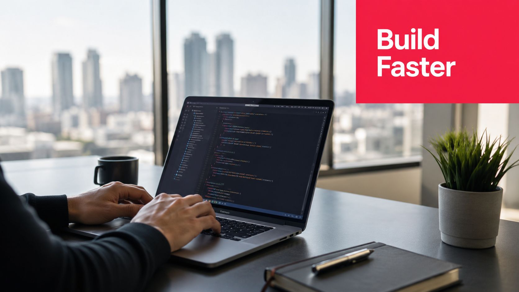 A developer working on code on a laptop in a modern office with a city skyline view.