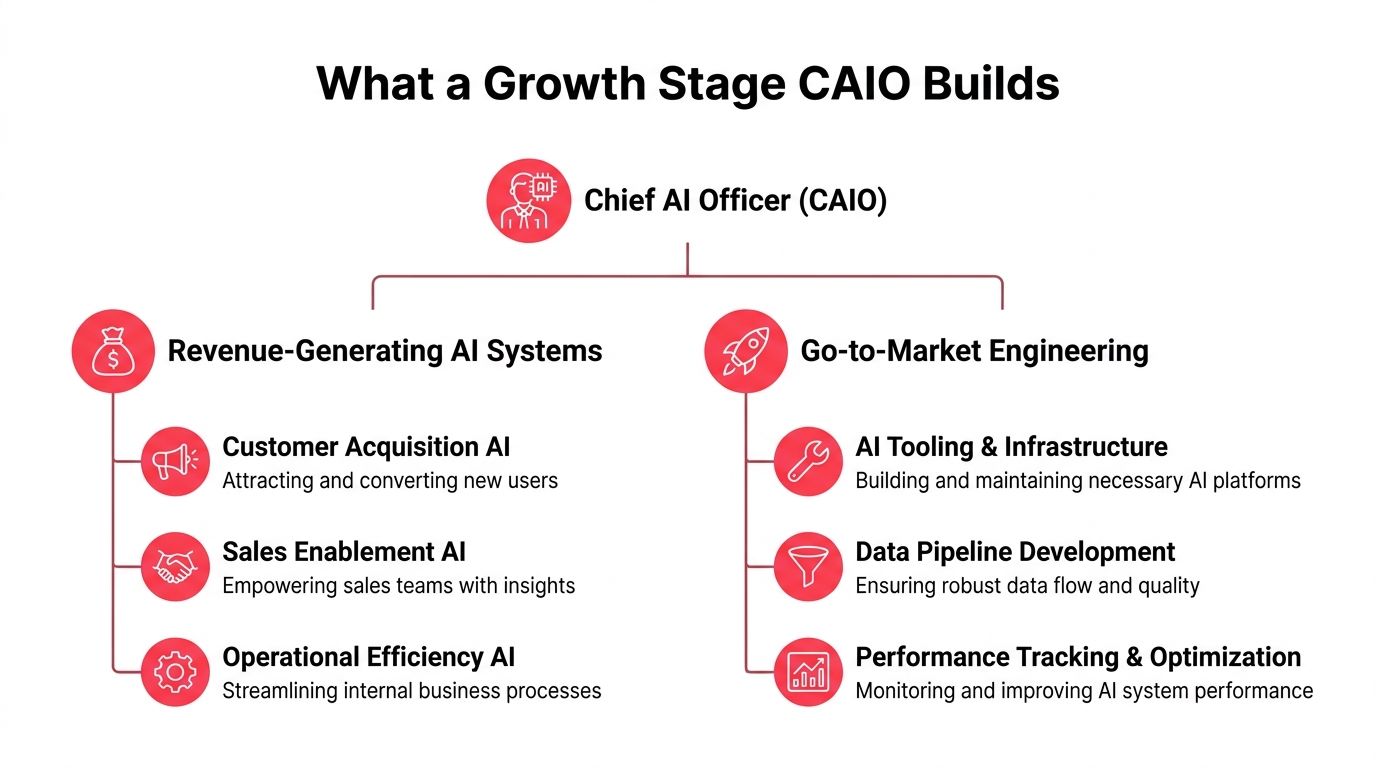 A diagram outlining the key responsibilities of a growth stage Chief AI Officer including AI systems and infrastructure.