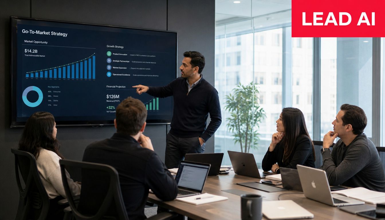 A professional business team listens to a colleague presenting a growth strategy on a digital screen.