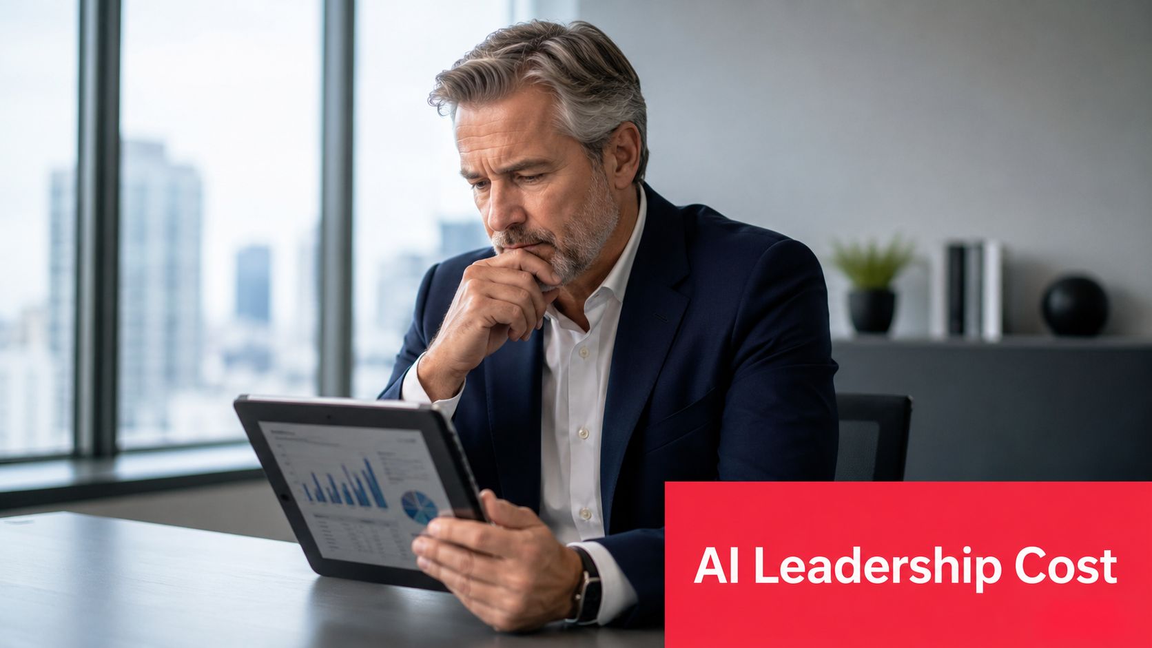 A professional man in a suit looking thoughtfully at a digital tablet with business data charts.