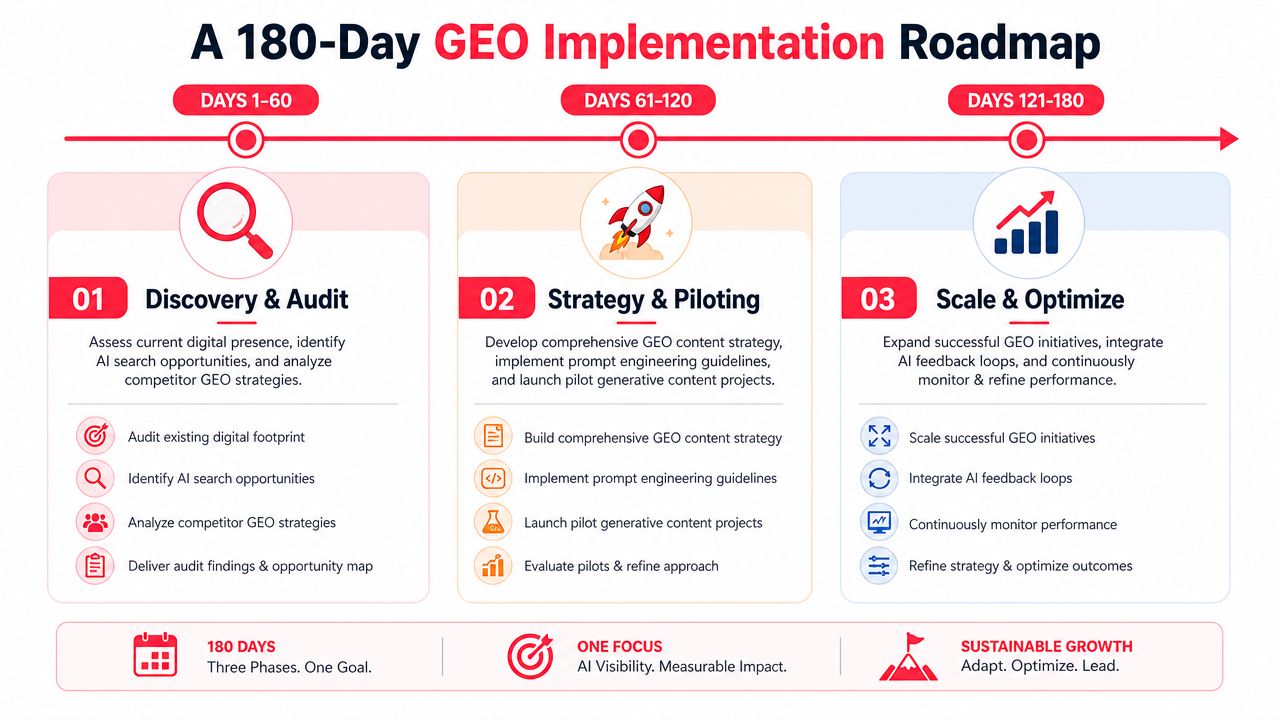 A 180-day generative engine optimization roadmap outlining three phases for discovery, strategy, piloting, and scaling performance.