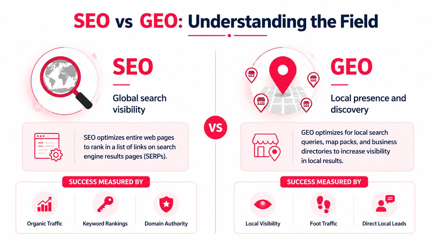An infographic comparing SEO for global search visibility versus GEO for local business presence and discovery.