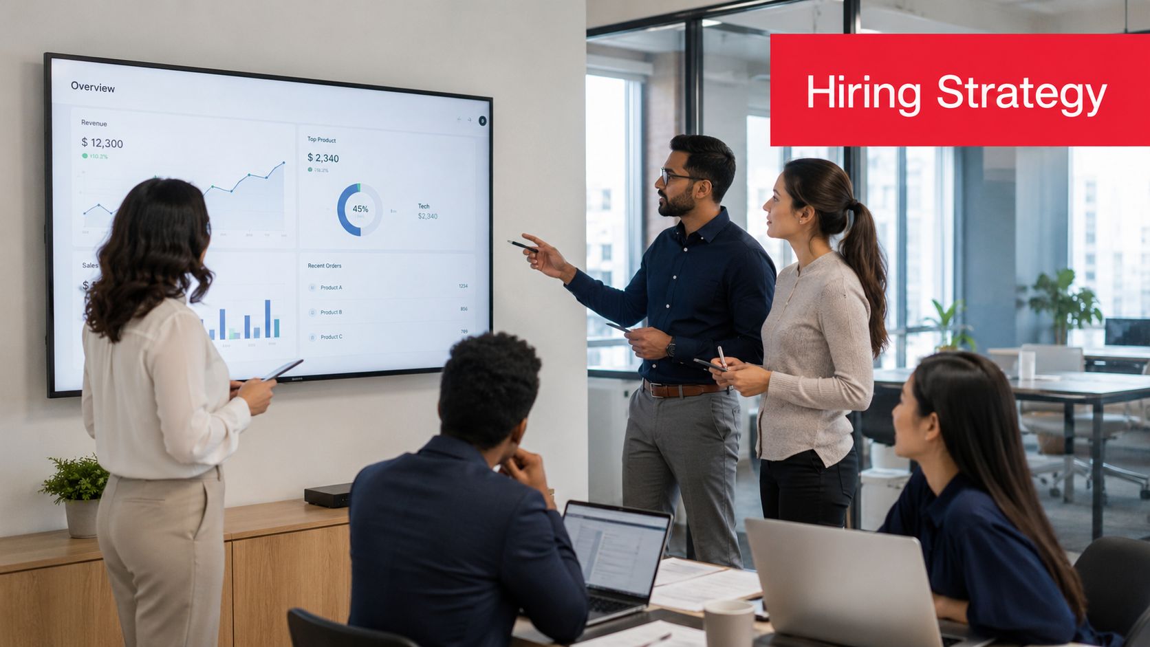 A professional team discussing business data and hiring strategy in a modern office meeting room setting.