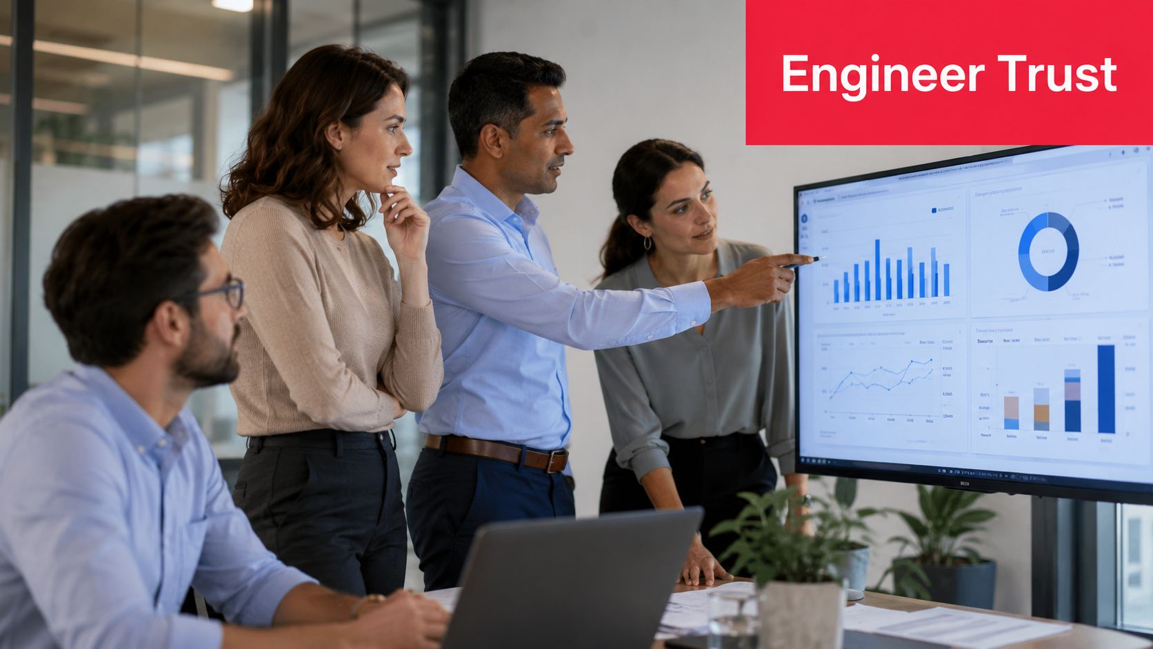A professional team of business colleagues collaborating on data analytics displayed on a large digital screen.