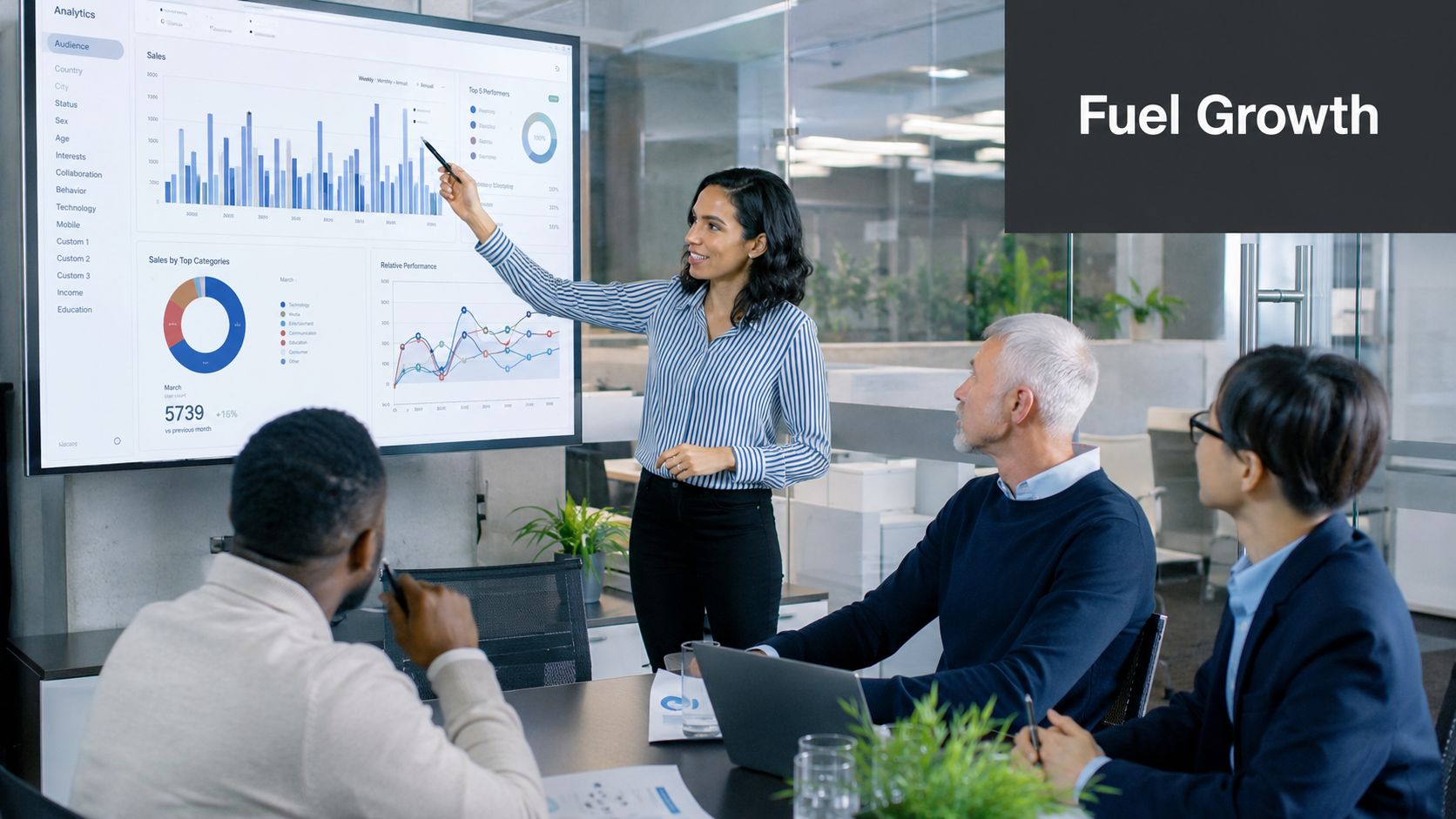A professional woman presenting data and analytics on a large screen to her business colleagues in office.
