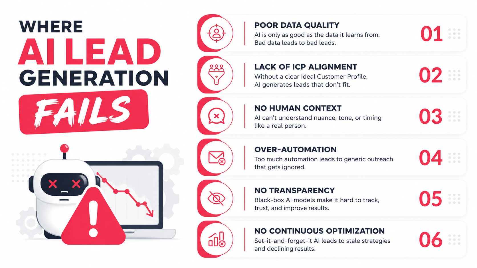 An infographic titled Where AI Lead Generation Fails, listing six common reasons for AI lead generation failure.