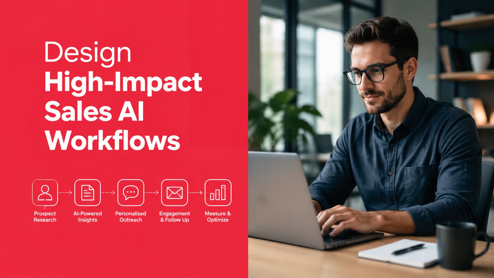 A professional man using a laptop in a modern office with a workflow infographic about AI sales.