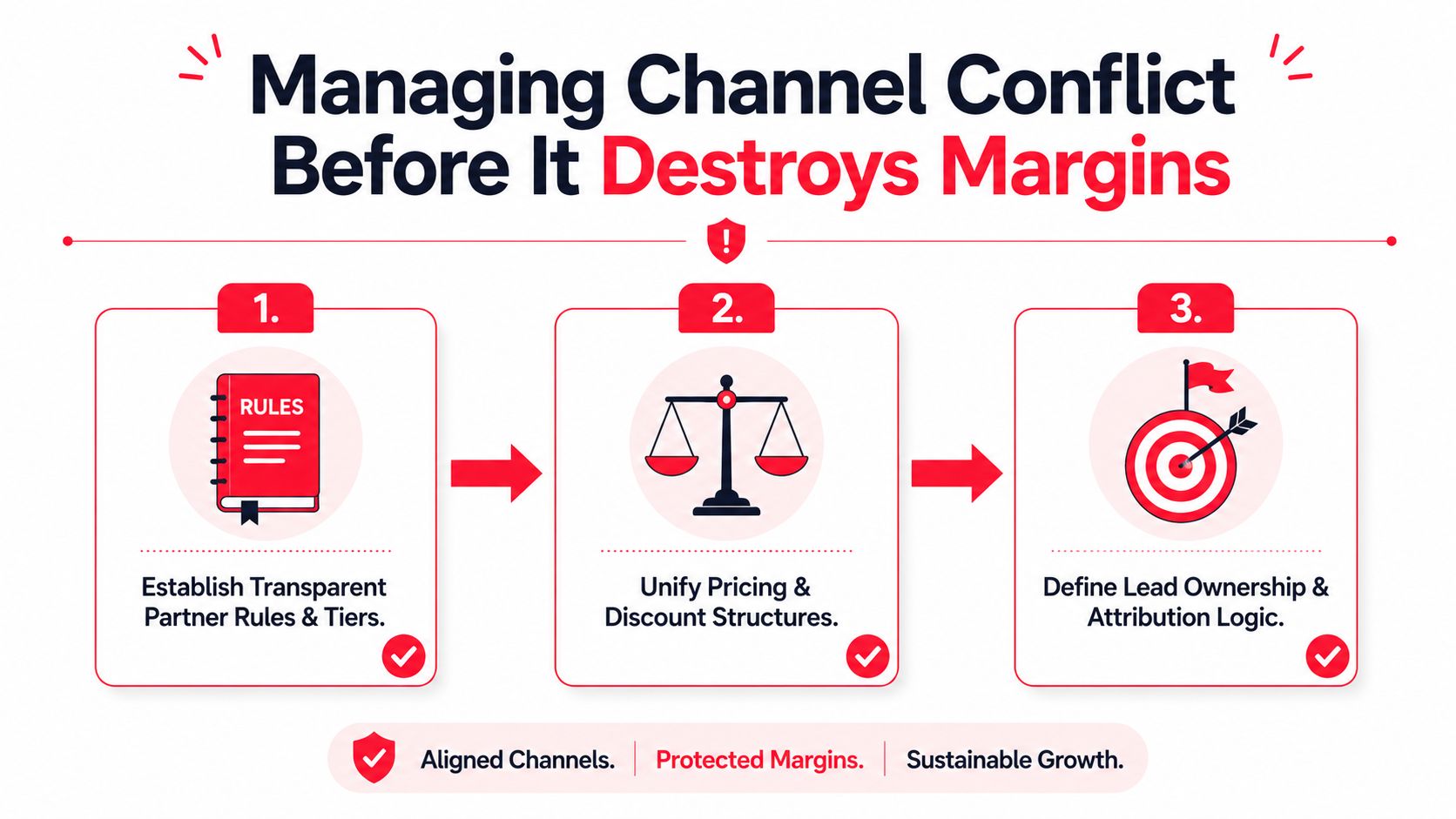 A three-step infographic on managing channel conflict to protect margins through transparent rules and unified pricing.