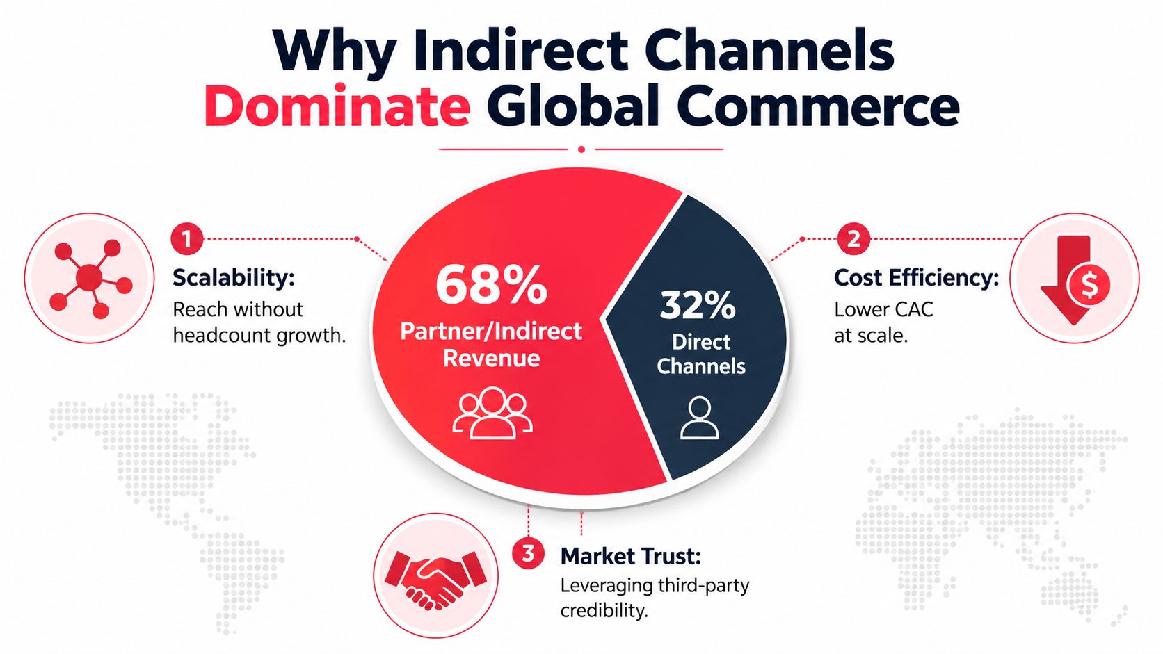 A pie chart infographic showing that indirect channels account for 68 percent of global commerce revenue.
