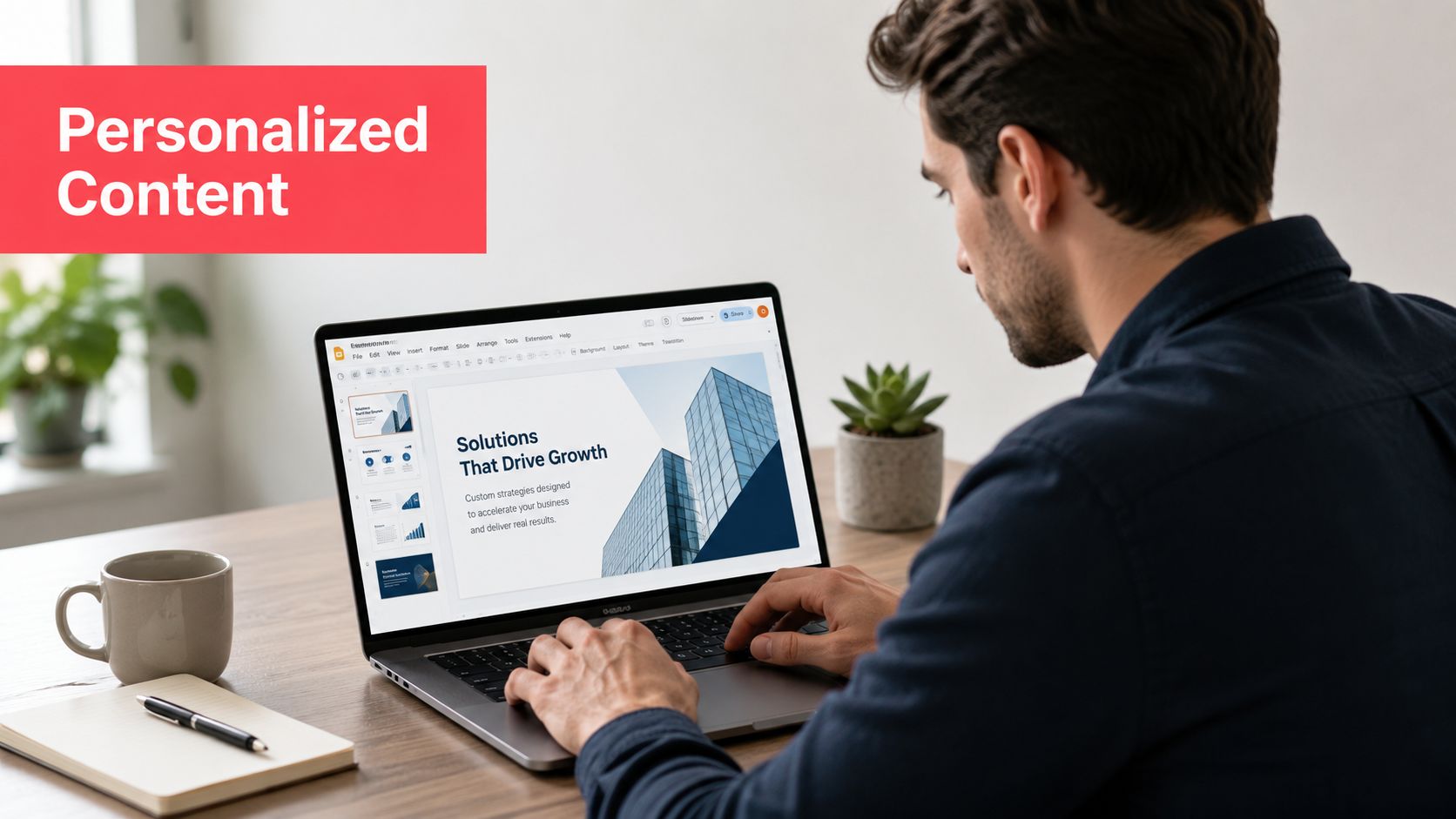 A professional man working on a laptop with a presentation slide about driving business growth visible.