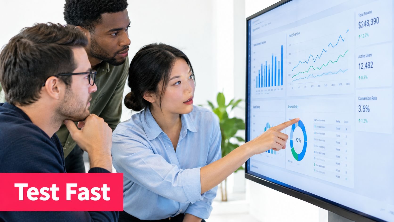 A professional team of three people collaborating while analyzing digital data charts on a large screen monitor.