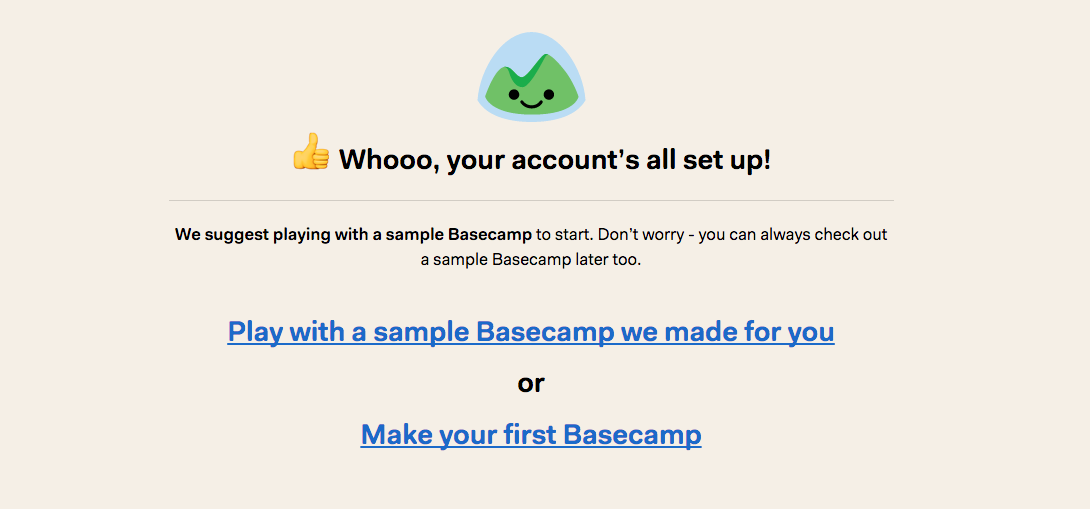 Basecamp customer onboarding page