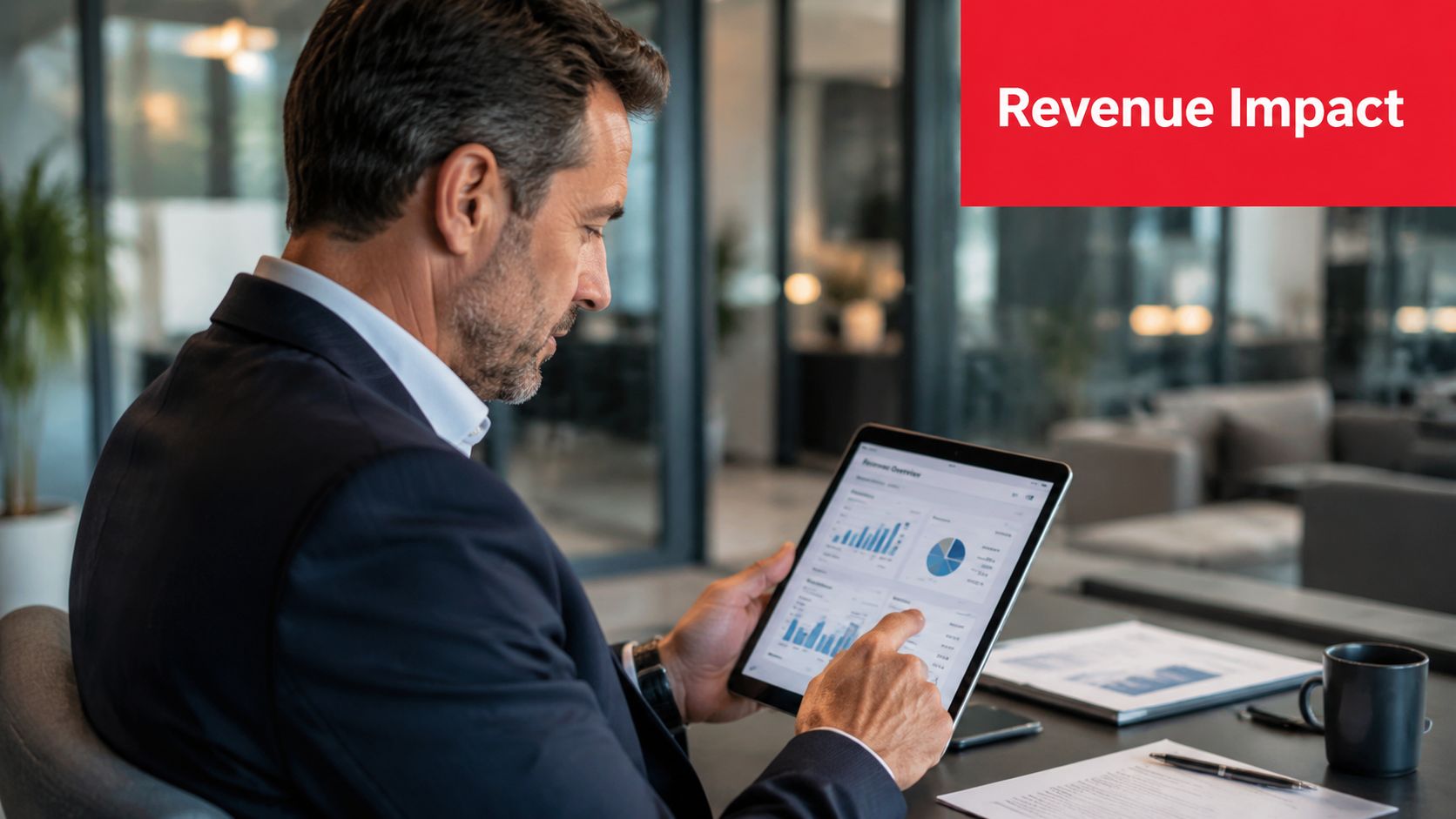 A professional man in a suit reviews financial charts on a tablet in an office setting.